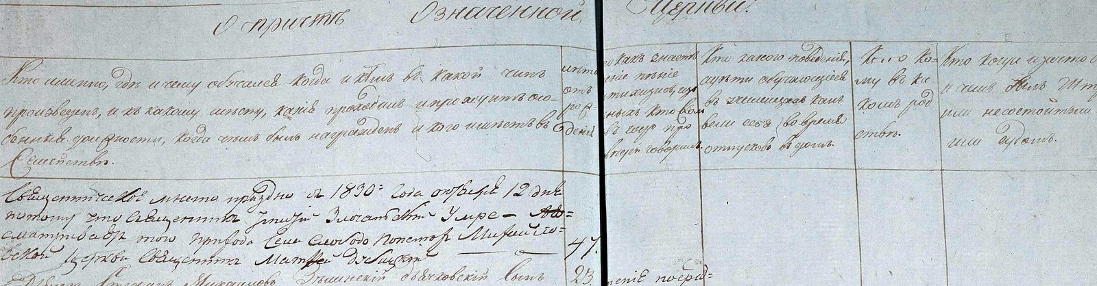 A fragment of an 1830 clergy return: the heading “On the clergy of
                  the said church” and the column titles — on schooling, rank,
                  conduct, kinship and any convictions.