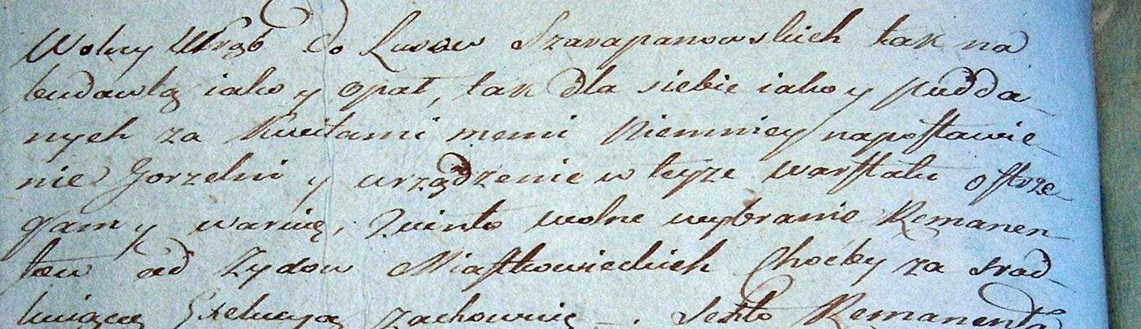 A fragment of an 1813 notarial contract in Polish: terms on free
                  felling in the Sharapanivka woods, the right to build a distillery,
                  and the collection of arrears from the Jewish community of Miastkivka.