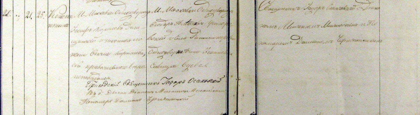A fragment of an 1865 parish register spread: entry no. 20 on the
                    birth of Konstantin, with columns for dates, parents, godparents
                    and clergy.