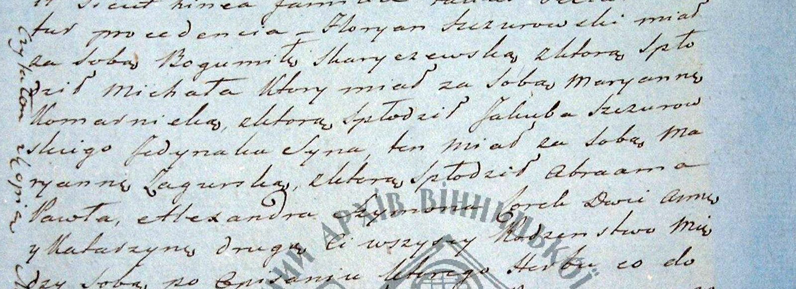A fragment of an 1802 court act with the Szczurowski pedigree four
                  generations deep, written out in Polish as continuous prose.