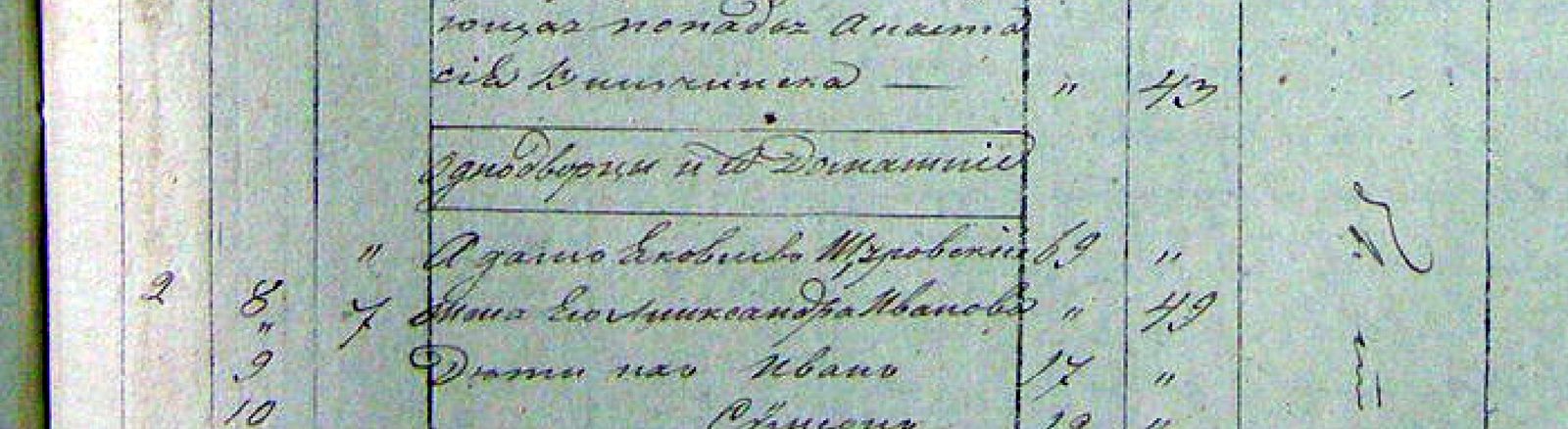 A boxed heading “однодворцы и ихъ Домашніи” in the middle of a
                  confession list page, with the first household below it.