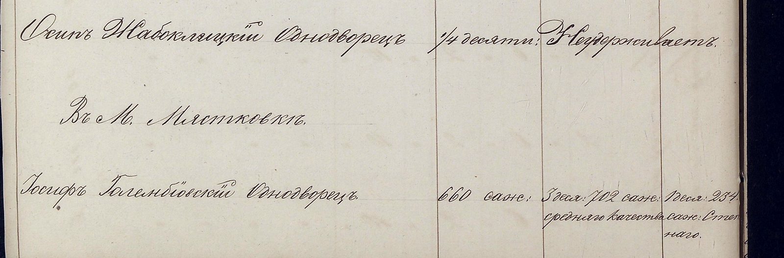 Фрагмент відомості 1859 року: кінець секції попереднього села,
                  заголовок «Въ М. Мястковкѣ» і перший однодворець містечка
                  з розміром наділу.